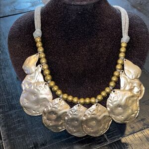 Kenneth Jay Lane Gold Beaded Satin Silver Statement Necklace Gray Fabric Tie​​​